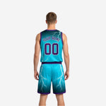 Side view of teal-cyan reverse side of the reversible basketball uniform with purple binding and matching lightning bolt pattern