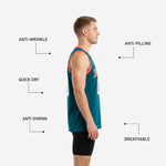 Opposite side view of custom teal and red basketball jersey showing sleeveless cut and clean solid teal body from shoulder to hem