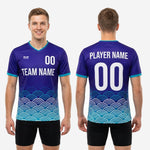 Hem detail of teal soccer training jersey showing aqua-to-teal wave pattern rising from bottom edge
