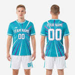 Back view of custom teal soccer uniforms showing back name and number print zones