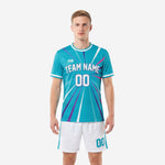 Men's custom teal soccer uniforms with white starburst print jersey and white shorts, front view