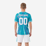 Close-up of custom teal soccer jersey sublimation print detail with crew neck white trim