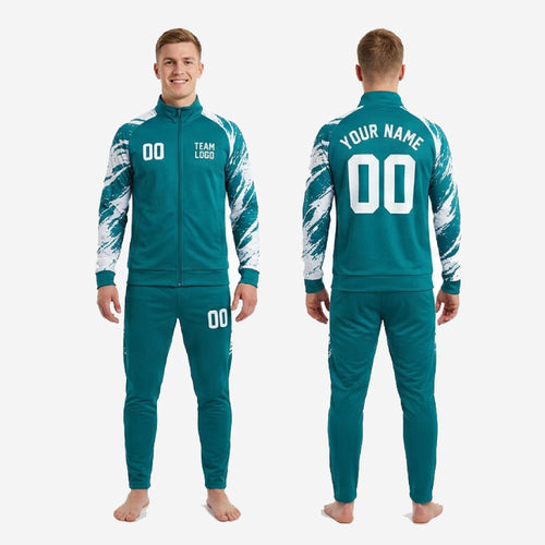 Close-up of teal and white full-dye sublimation print on custom soccer tracksuit jacket sleeve