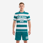 Teal and white hooped soccer uniform front view with custom team name and number, top soccer uniforms by K2 Sportswear