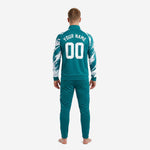 Custom sublimated teal soccer jacket with full-zip stand collar and white splash print detail on sleeves