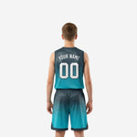 Youth basketball uniform size and specification sheet for teal gradient custom kids basketball uniform set