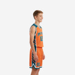 Size and specification sheet for custom teal youth basketball uniform sets available in full youth sizing for team rosters