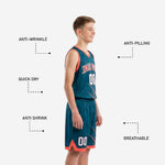Back view of teal youth basketball uniform set showing back number placement and coral armhole binding with matching shorts