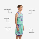 Back view of custom teal youth basketball jersey showing back player name and number placement with purple and white contrast binding