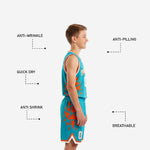 Back view of teal youth basketball uniform jersey showing back number and name placement with orange geometric shard pattern