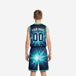 Back view of custom teal youth basketball uniforms showing back name and number print zones on navy starburst design