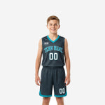 Teal youth basketball uniforms in charcoal with teal V-neck binding, arched team name, and matching shorts with teal hem trim, front and back view