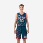 Teal youth basketball uniforms full set front view showing coral slash pattern on jersey and matching shorts with arced team name and number 00