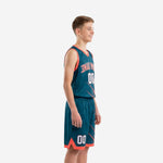Custom teal youth basketball uniform front view with coral V-neck binding armhole trim and diagonal slash sublimation design on jersey chest