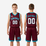 Size and specification sheet for custom teal youth basketball uniforms available in youth sizes across the full roster