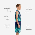 Back view of teal youth basketball uniform showing player name and number on navy sublimated jersey