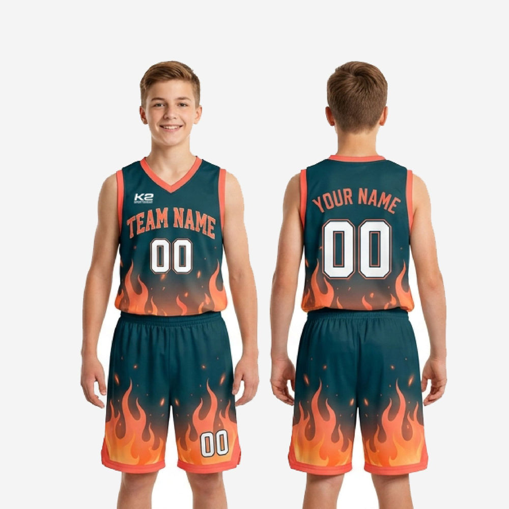 Custom Teal Youth Basketball Uniforms with Your Logo - Flame Set