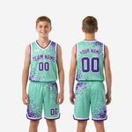 Youth basketball uniform size and specification sheet for the teal and purple custom sublimated jersey and shorts set