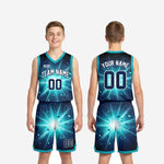 Youth basketball uniform size and specification sheet for the navy and teal starburst custom team set