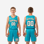 Youth basketball uniform size and specification sheet for teal and orange custom sublimated jersey and shorts set