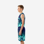 Youth basketball uniform size and specification sheet for teal and navy flame custom set