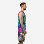 Side view of tie-dye custom basketball uniform kit showing jersey length and shorts detail