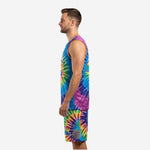 Right side profile of sublimated tie-dye basketball uniform set with number on shorts leg