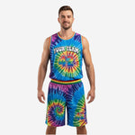 Tie-dye custom basketball uniforms full set front view with team name and number 42