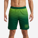 Travel team basketball shorts in forest green and lime yellow hexagon fade with player number 00 on front leg, custom sublimated