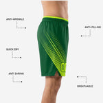 Back view of forest green travel team basketball shorts with full-dye sublimated speed-line design and neon yellow-green contrast waistband