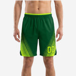 Travel team basketball shorts in forest green and volt with diagonal speed-line panels and player number 00 at the lower right thigh, front view
