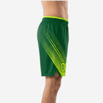 Side view of green and volt custom basketball shorts showing speed-line gradient pattern sweeping from hem to hip across the outer leg panel