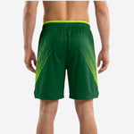 Second side view of custom green basketball shorts with volt waistband binding and diagonal stripe pattern on the thigh panel