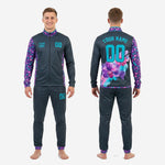 Stand collar and sleeve cuff detail on men's two tone soccer tracksuit showing Purple floral-pattern trim with Teal accent on Charcoal jacket