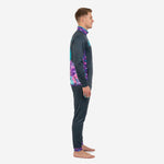 Side view of men's custom two tone soccer tracksuit showing Purple floral side panel running from shoulder to cuff on Charcoal jacket and tapered pants