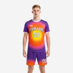 Unique soccer uniforms in royal purple and athletic orange radial gradient, full kit front view on male model