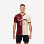 Front view of a V-neck custom red soccer training jersey in maroon and cream split-panel colorblock with team name and number printed across the chest