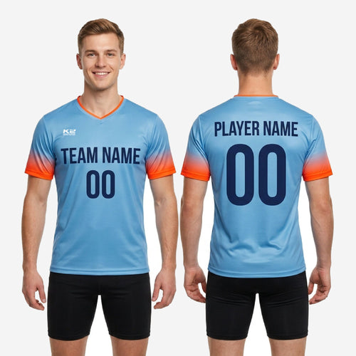 V-neck collar detail with contrast orange trim on sky blue custom soccer training jersey, sublimated full-dye print