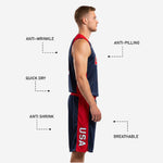Back view of men's custom basketball uniforms in navy and red showing back number placement on jersey and red side panel on matching shorts