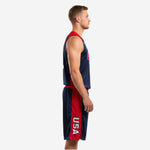 Front view of men's custom basketball uniforms in navy with red shoulder panel, V-neck binding, and number 10 on the chest