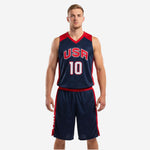 Men's custom basketball uniforms in navy and red V-neck panel design, full set front view showing team name and number 10 on jersey with matching shorts