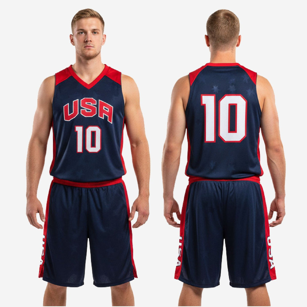 V-Neck Panel Men's Custom Basketball Uniforms in Navy and Red