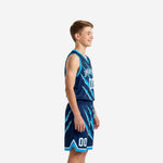 Custom boys basketball uniforms navy and cyan claw-mark sublimated design, V-neck jersey with arched team name and front number 00, full set front