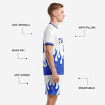 Vintage soccer kit with bold blue flame pattern, personalized team name and number