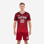 Vintage soccer kit in crimson and white with arched team name and number, front view, K2 Sportswear
