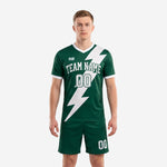 Vintage soccer kit in Forest Green and White with diagonal lightning bolt graphic, custom team name and number on front