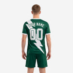 Detail view of vintage soccer kit Forest Green jersey with white v-neck collar and matching cuff trim