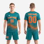 Vintage soccer kits teal and orange full uniform set back view showing player name and number placement