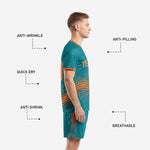 Vintage soccer kits matching teal shorts with orange halftone dot pattern along outer leg panels