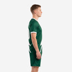 Side view of Forest Green and White sublimated soccer uniform with lightning bolt panel extending to shorts